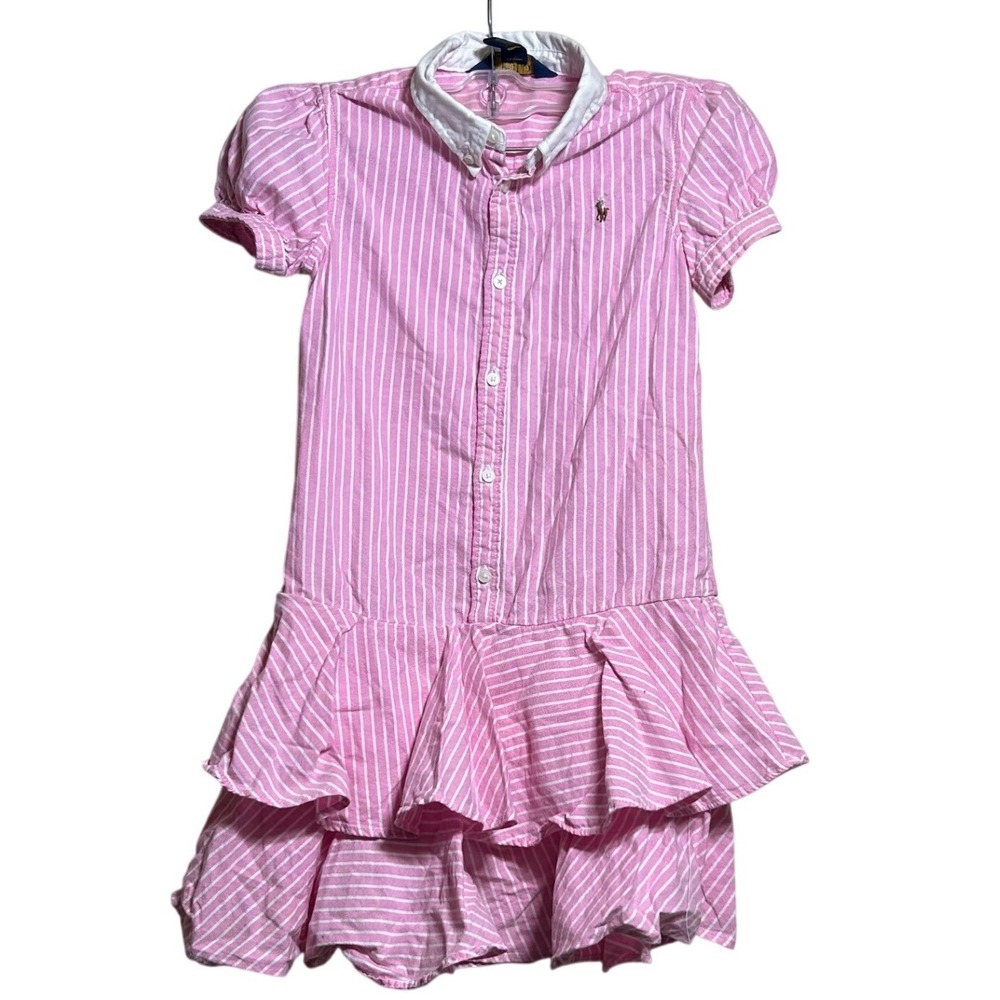 Polo Ralph Lauren Oxford Girls Pink White Striped Ruffle Dress Size 6